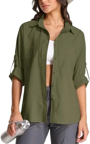 womens upf 50 long sleeve sun shirt safari hiking quick dry uv protection button up travel shirt for fishinggardeningafrica50870live greenxl