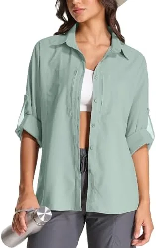 womens upf 50 long sleeve sun shirt safari hiking quick dry uv protection button up travel shirt for fishinggardeningafrica5087bean greens