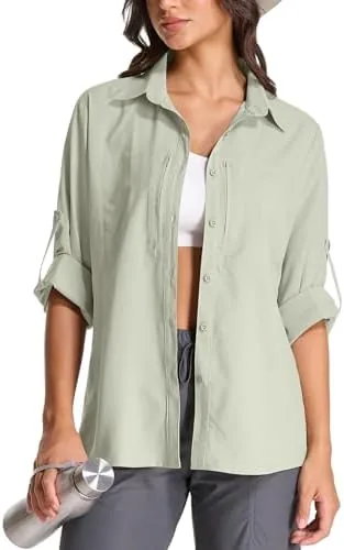 womens upf 50 long sleeve sun shirt safari hiking quick dry uv protection button up travel shirt for fishinggardeningafrica5087light khakil