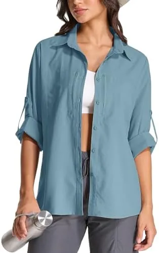 womens upf 50 long sleeve sun shirt safari hiking quick dry uv protection button up travel shirt for fishinggardeningafrica5087navy bluem